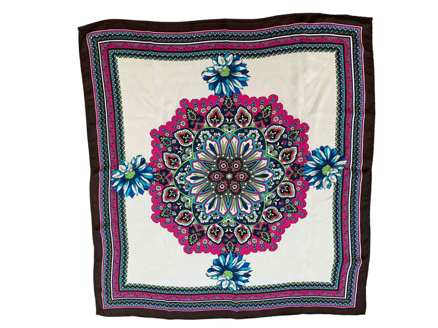 Cream Brown 4 Flowers Square Scarf