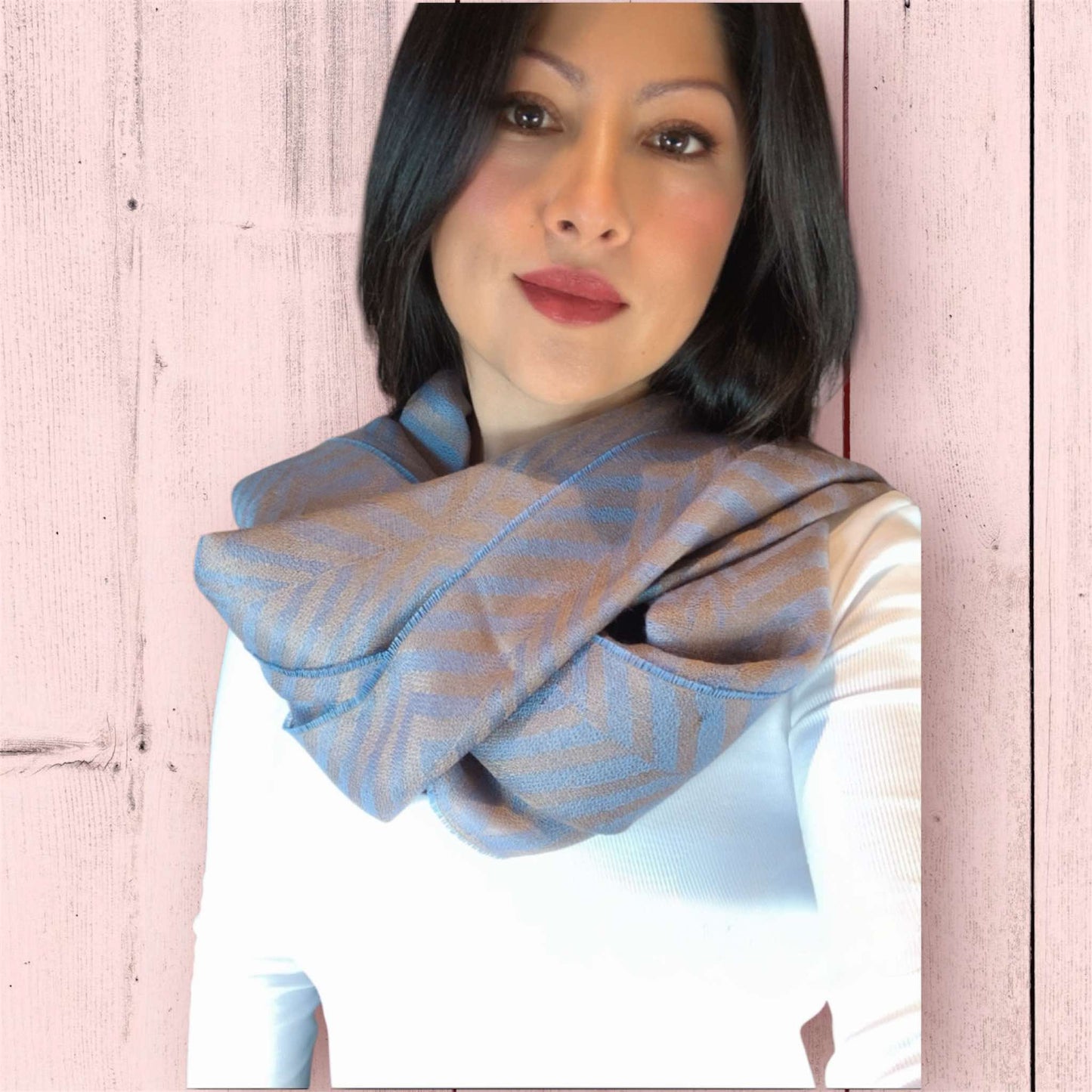 Camel & Light Blue Baby Alpaca Shawl