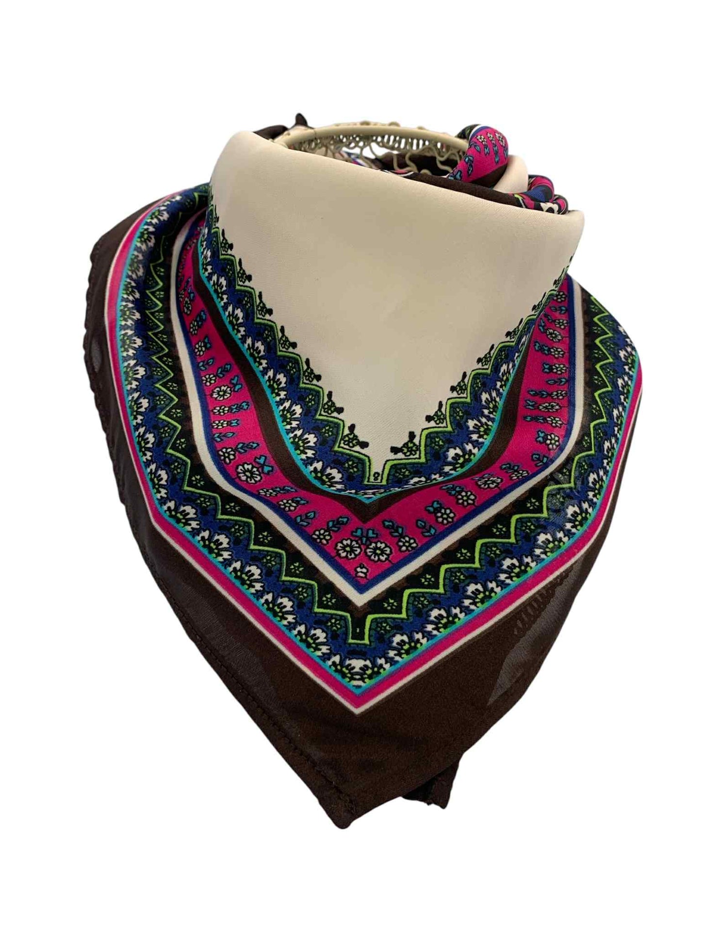 Cream Brown 4 Flowers Square Scarf